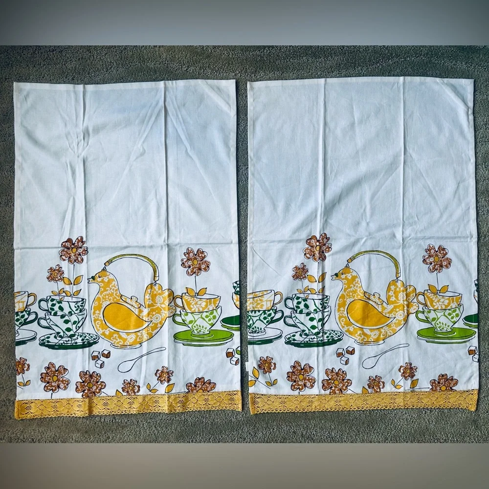 NEW Anthropologie 2 Cotton Tea Towels Bird Teapot Floral Mid Century Print